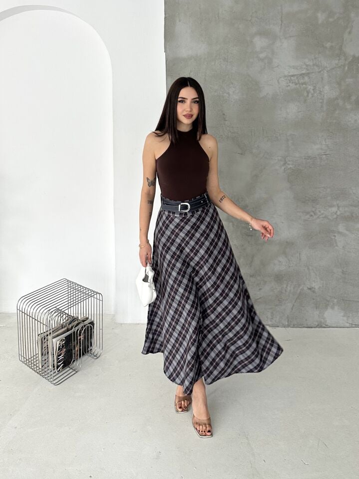 Kadın Ekose Kemerli Uzun Etek Tesettür Uyumlu Kloş Model 2625 EKOSE-2 - M