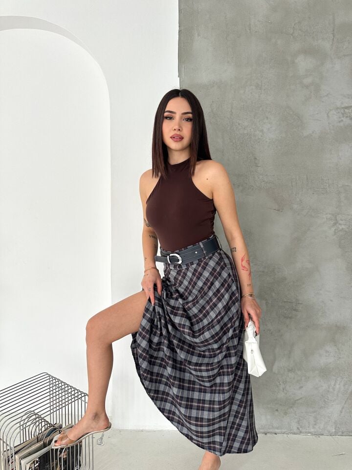 Kadın Ekose Kemerli Uzun Etek Tesettür Uyumlu Kloş Model 2625 EKOSE-2 - M