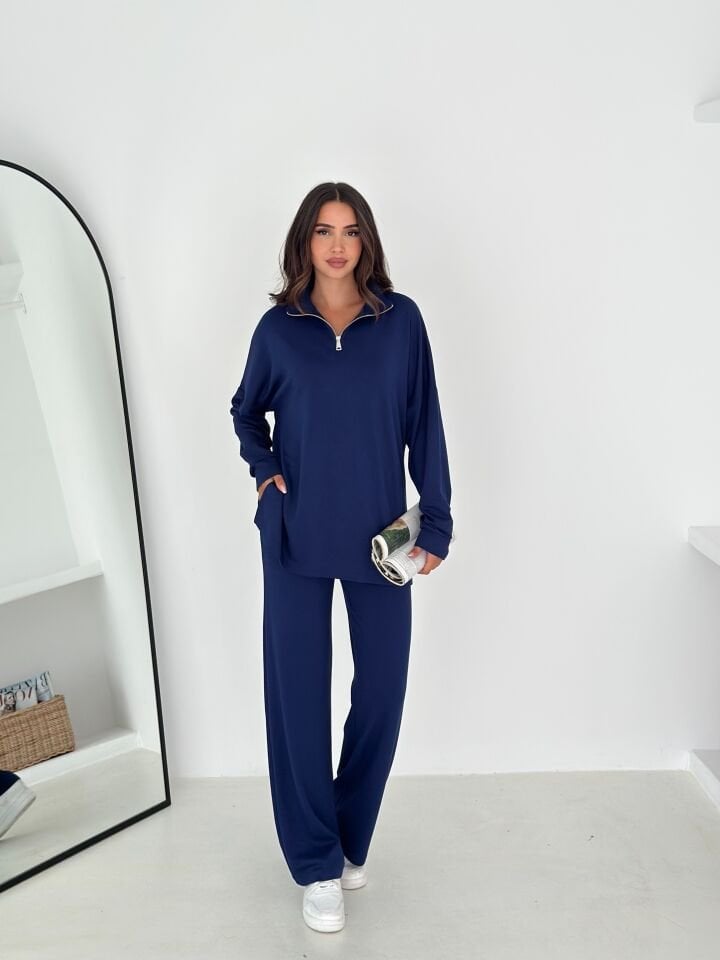 Kadın Femuarlı  Dik Yaka Pantolon Cepli Uzun Kollu  Alt Üst Takım 2558 XL - LACİVERT