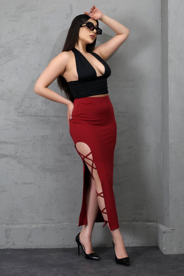 Kadın Uzun Kordon Bağlamalı Yırtmaçlı Likralı Maxi Etek E36 XL - BORDO