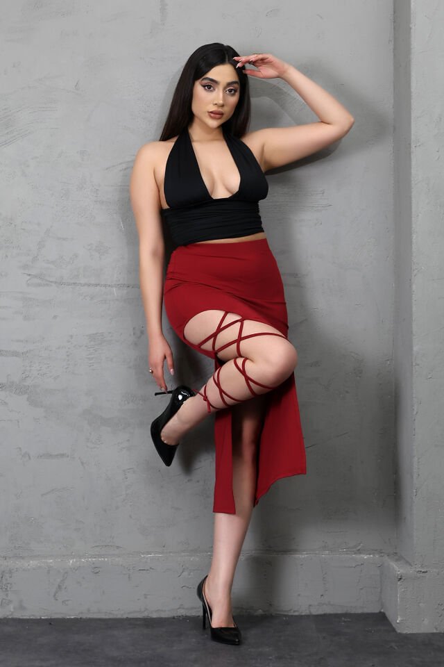 Kadın Uzun Kordon Bağlamalı Yırtmaçlı Likralı Maxi Etek E36 XL - BORDO