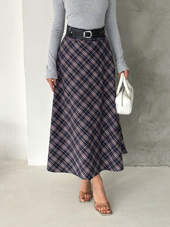 Kadın Ekose Kemerli Uzun Etek Tesettür Uyumlu Kloş Model 2625 EKOSE-1 - XL