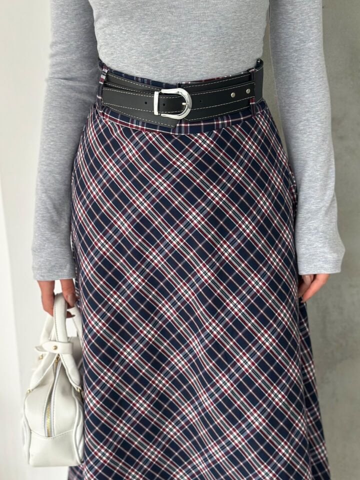 Kadın Ekose Kemerli Uzun Etek Tesettür Uyumlu Kloş Model 2625 EKOSE-1 - XL