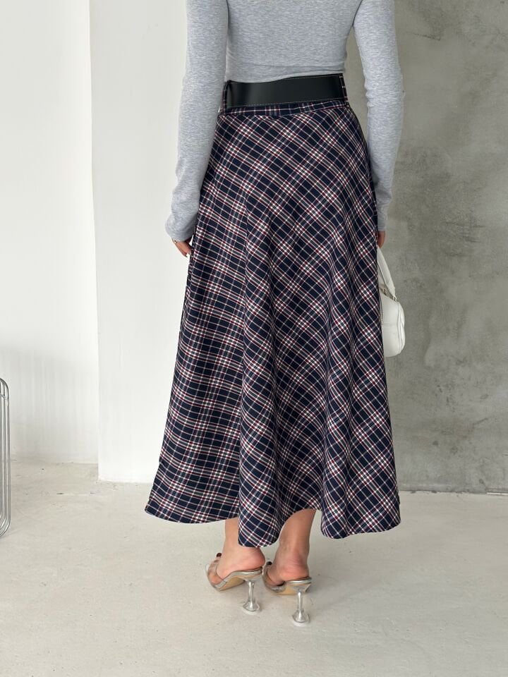 Kadın Ekose Kemerli Uzun Etek Tesettür Uyumlu Kloş Model 2625 EKOSE-1 - XL