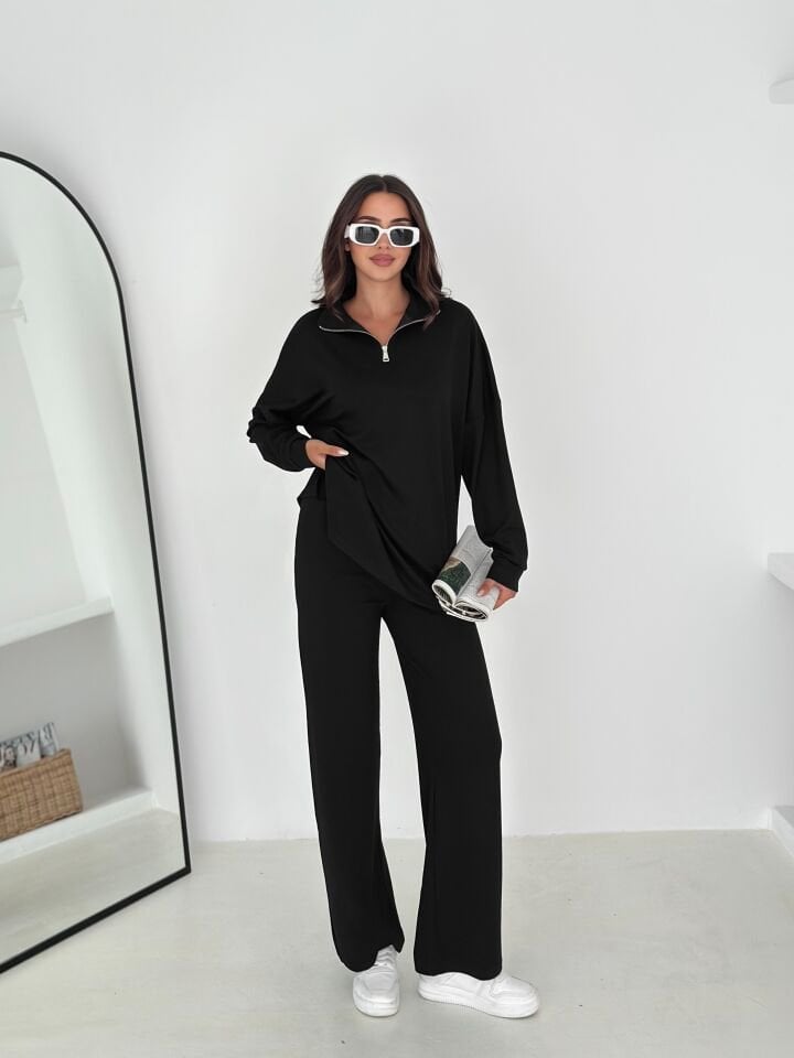 Kadın Femuarlı  Dik Yaka Pantolon Cepli Uzun Kollu  Alt Üst Takım 2558 XL - SİYAH