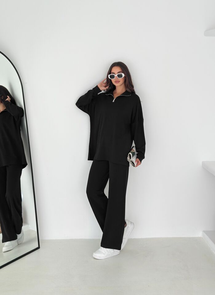 Kadın Femuarlı  Dik Yaka Pantolon Cepli Uzun Kollu  Alt Üst Takım 2558 XL - SİYAH