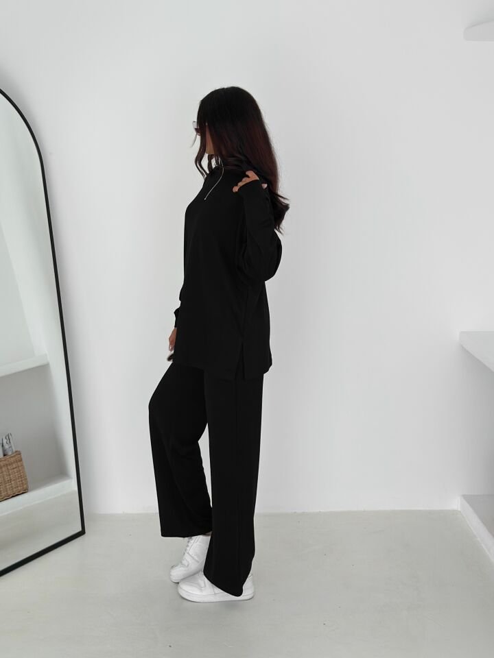 Kadın Femuarlı  Dik Yaka Pantolon Cepli Uzun Kollu  Alt Üst Takım 2558 XL - SİYAH