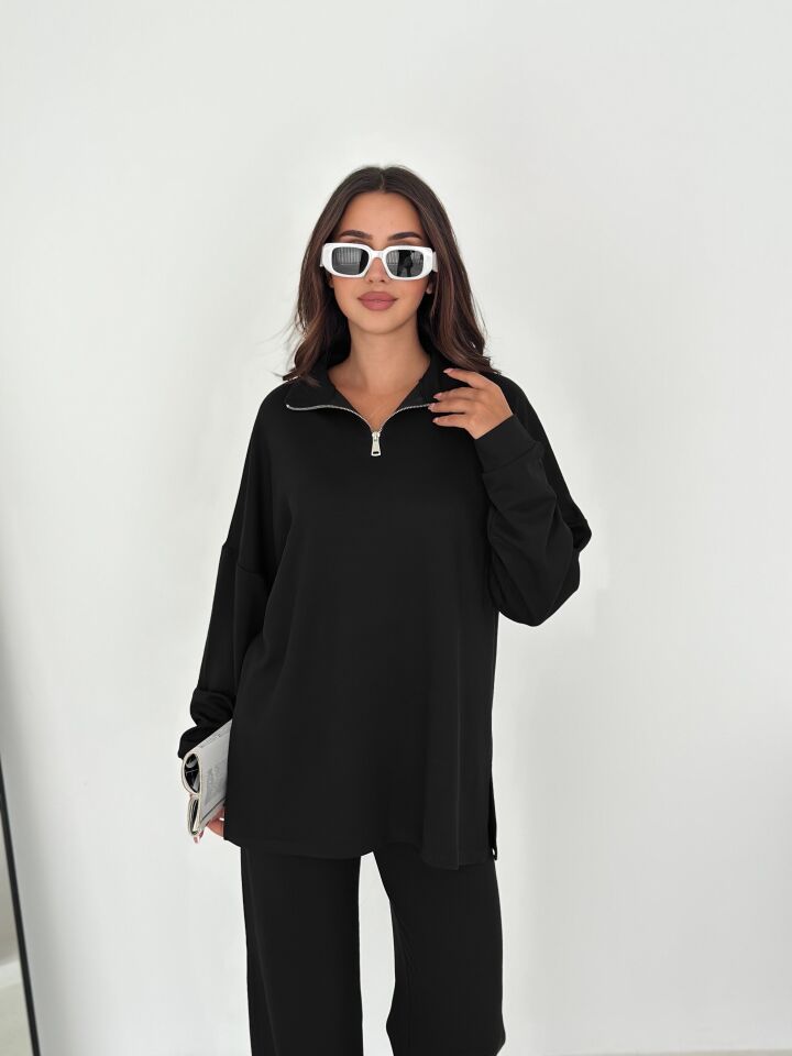 Kadın Femuarlı  Dik Yaka Pantolon Cepli Uzun Kollu  Alt Üst Takım 2558 XL - SİYAH