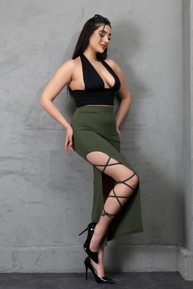 Kadın Uzun Kordon Bağlamalı Yırtmaçlı Likralı Maxi Etek E36 L - HAKİ