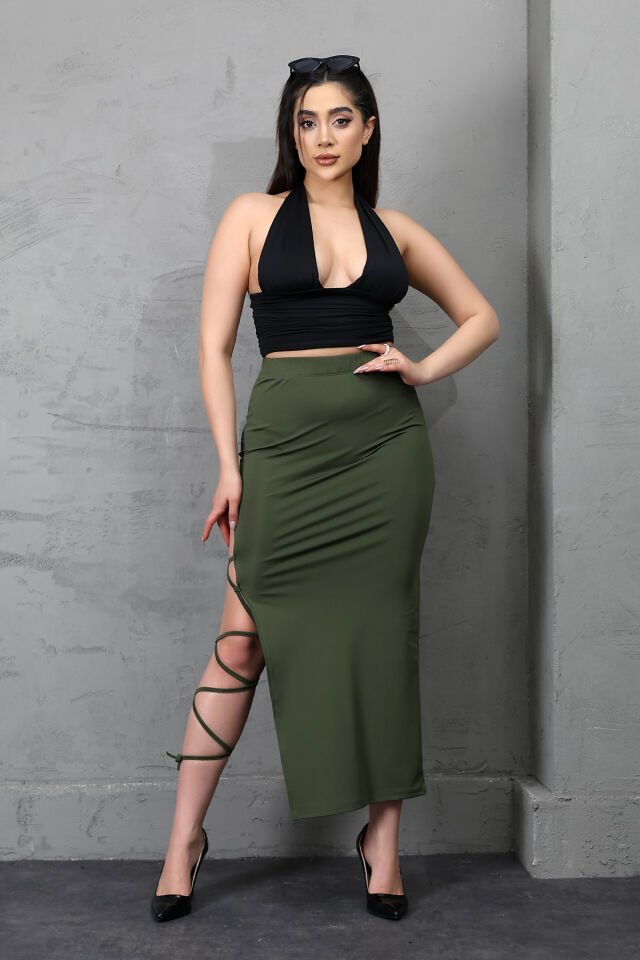 Kadın Uzun Kordon Bağlamalı Yırtmaçlı Likralı Maxi Etek E36 L - HAKİ