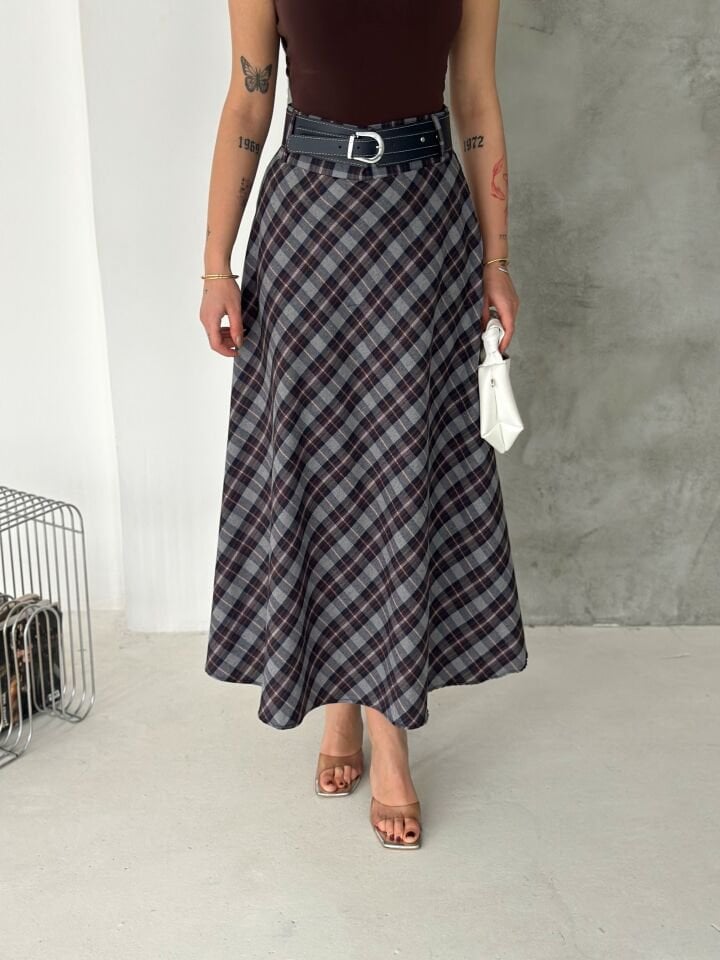 Kadın Ekose Kemerli Uzun Etek Tesettür Uyumlu Kloş Model 2625 EKOSE-2 - XL