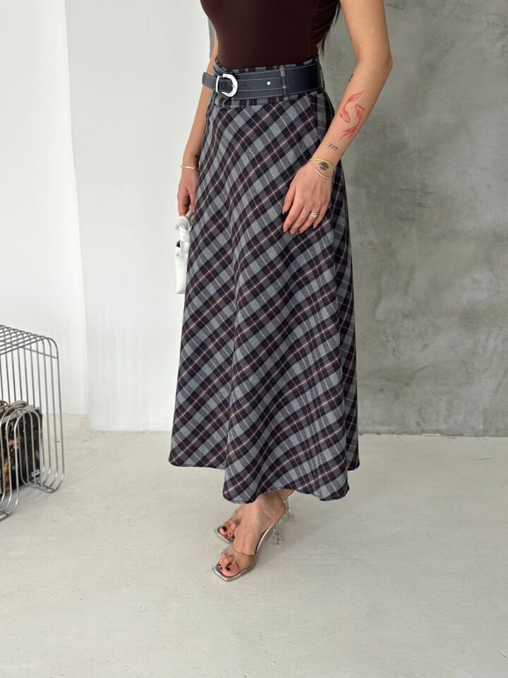 Kadın Ekose Kemerli Uzun Etek Tesettür Uyumlu Kloş Model 2625 EKOSE-2 - XL