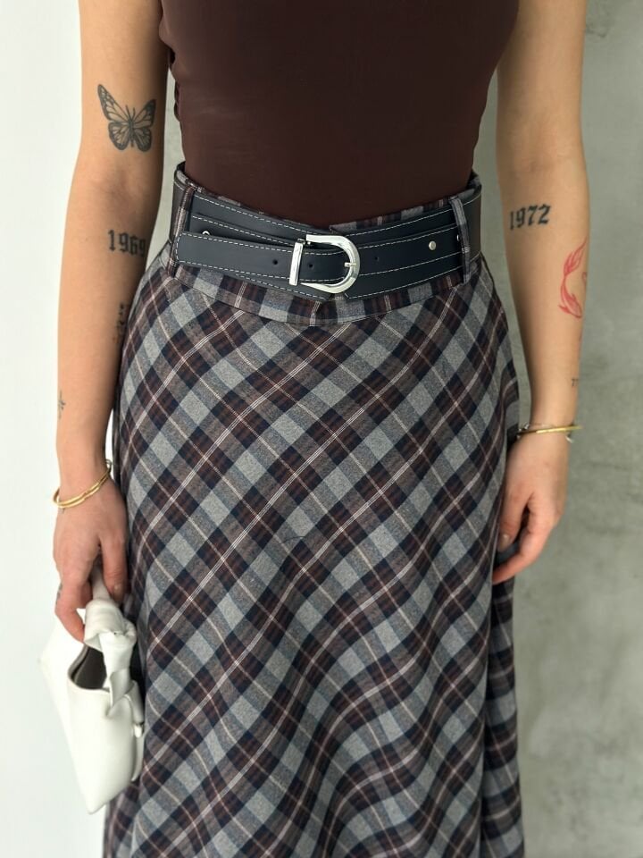 Kadın Ekose Kemerli Uzun Etek Tesettür Uyumlu Kloş Model 2625 EKOSE-2 - XL