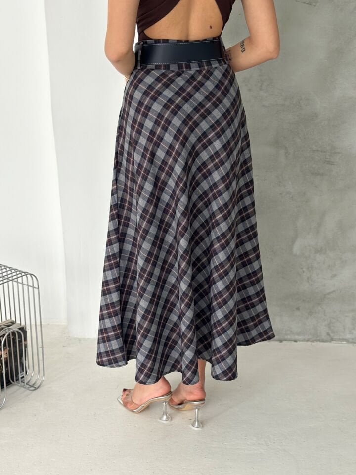 Kadın Ekose Kemerli Uzun Etek Tesettür Uyumlu Kloş Model 2625 EKOSE-2 - XL