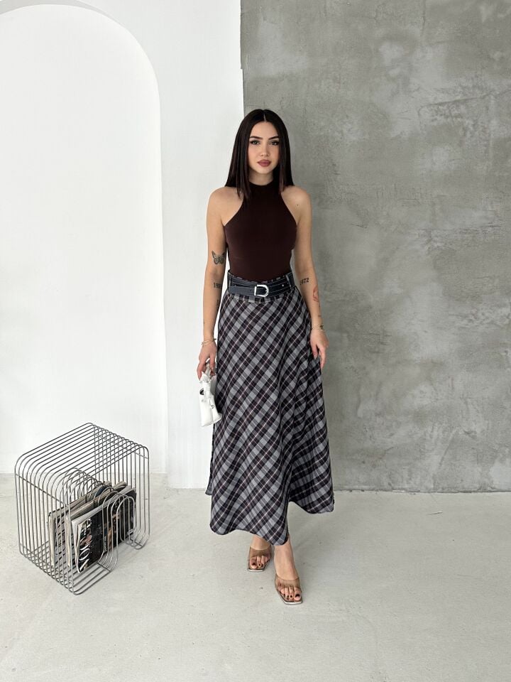 Kadın Ekose Kemerli Uzun Etek Tesettür Uyumlu Kloş Model 2625 EKOSE-2 - XL