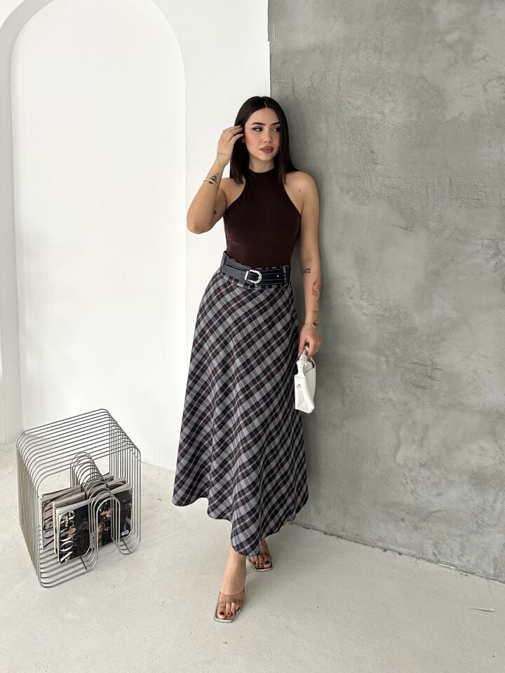 Kadın Ekose Kemerli Uzun Etek Tesettür Uyumlu Kloş Model 2625 EKOSE-2 - XL