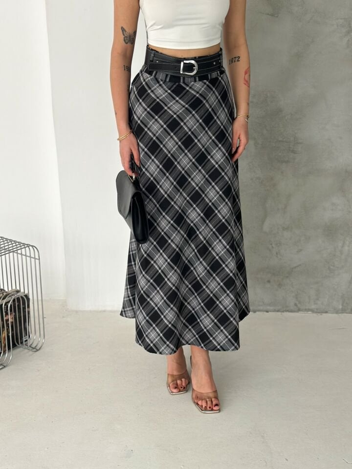 Kadın Ekose Kemerli Uzun Etek Tesettür Uyumlu Kloş Model 2625 EKOSE-3 - XL