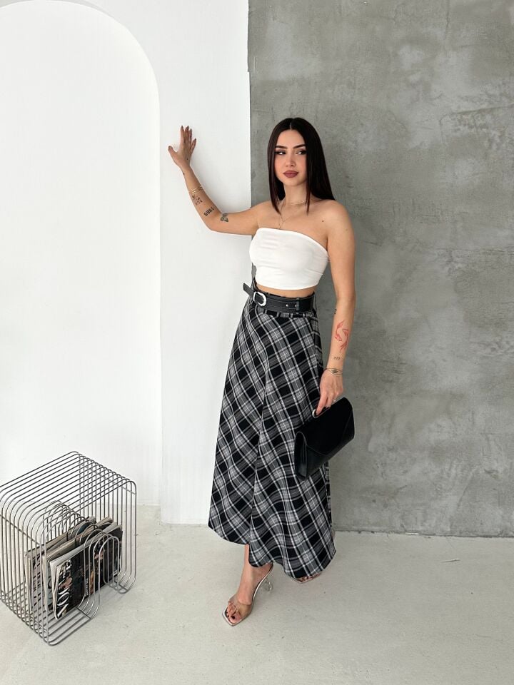 Kadın Ekose Kemerli Uzun Etek Tesettür Uyumlu Kloş Model 2625 EKOSE-3 - XL