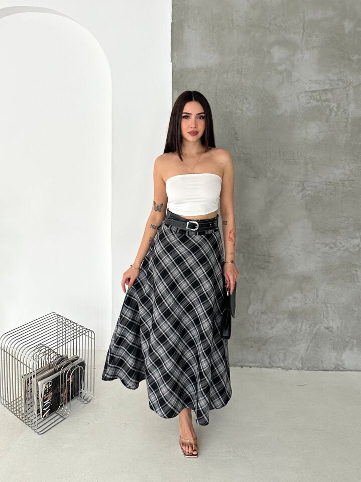 Kadın Ekose Kemerli Uzun Etek Tesettür Uyumlu Kloş Model 2625 EKOSE-3 - XL