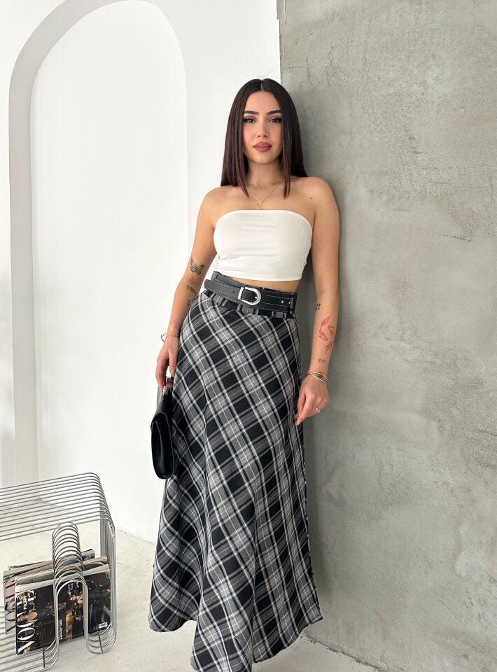 Kadın Ekose Kemerli Uzun Etek Tesettür Uyumlu Kloş Model 2625 EKOSE-3 - XL