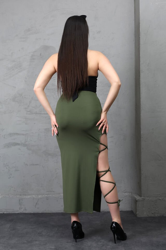 YIRTMAÇLI UZUN MAXİ ETEK KORDON BAĞLAMALI-BACAKDAN BAĞLAMALI EKSTRA LİKRA 2XL - HAKİ