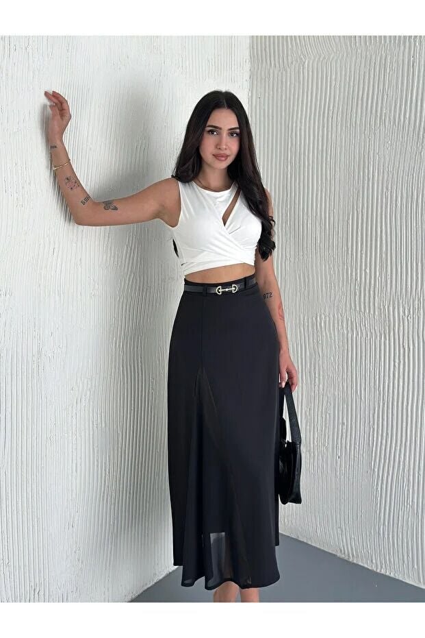 Kadın Tül Detaylı Kemerli Maxi Boy Ön Trasparan Kloş Etek 2469 XL