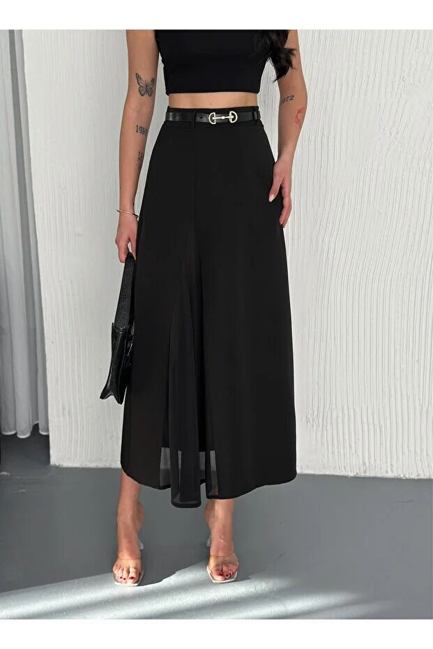 Kadın Tül Detaylı Kemerli Maxi Boy Ön Trasparan Kloş Etek 2469 XL