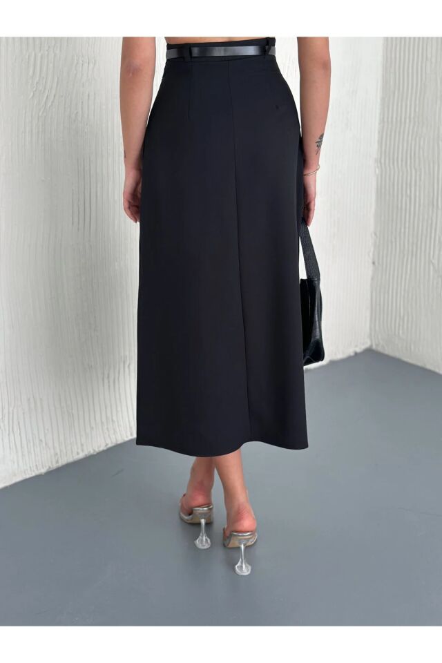 Kadın Tül Detaylı Kemerli Maxi Boy Ön Trasparan Kloş Etek 2469 XL