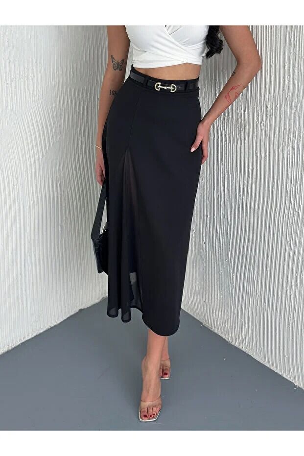 Kadın Tül Detaylı Kemerli Maxi Boy Ön Trasparan Kloş Etek 2469 XL