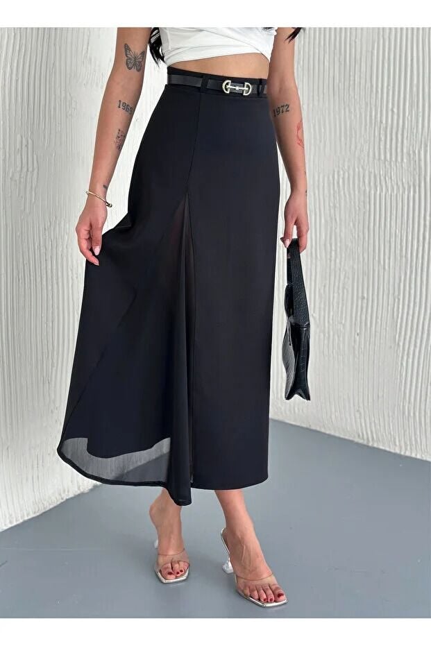 TÜL DETAYLI KLOŞ ETEK KEMERLİ / MAXİ BOY KLOŞ ETEK ÖN TRANSPARAN TÜL DETAYLI XL