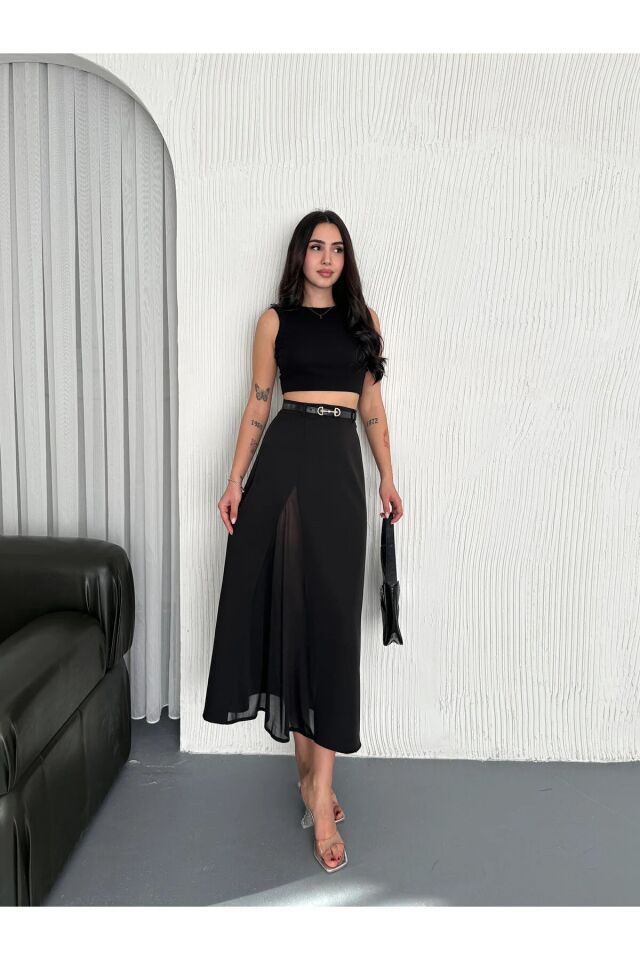 Kadın Tül Detaylı Kemerli Maxi Boy Ön Trasparan Kloş Etek 2469 XL