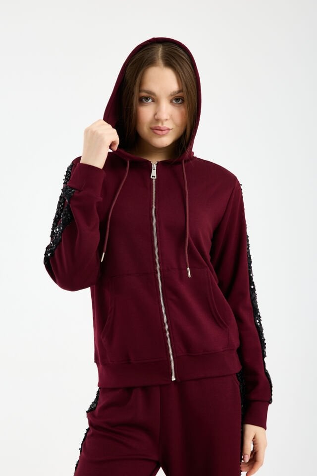 Kadın Günlük Payetli Modal Kumaş Takım 6228 M - BORDO