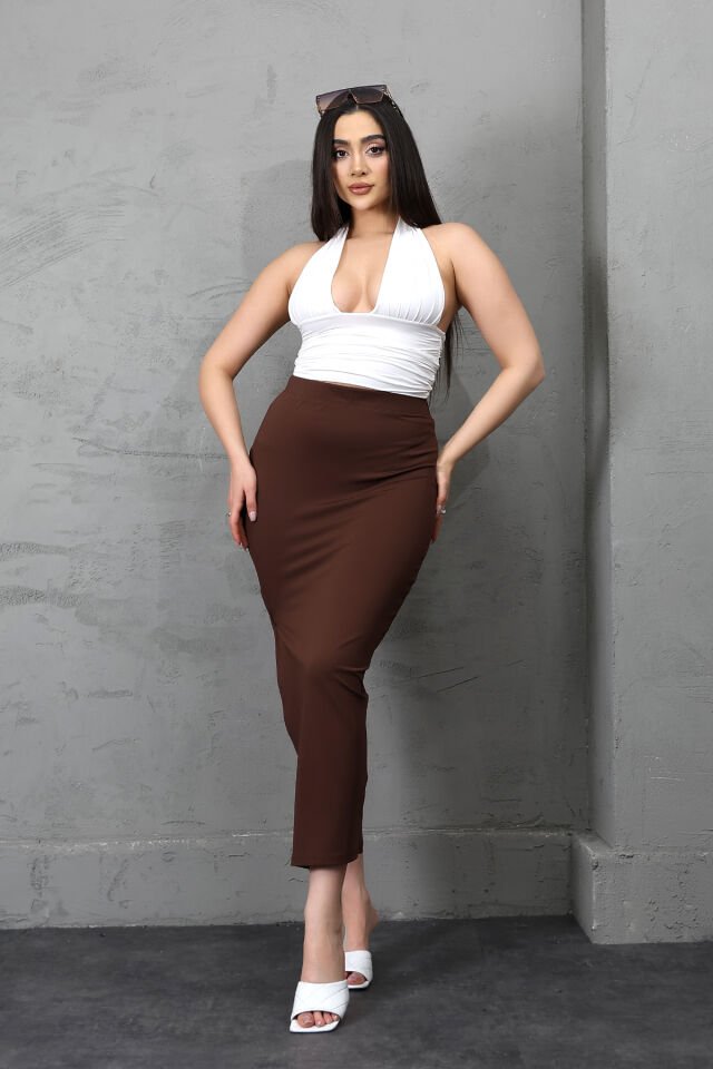 Kadın Uzun Kordon Bağlamalı Yırtmaçlı Likralı Maxi Etek E36 L - KAHVERENGİ