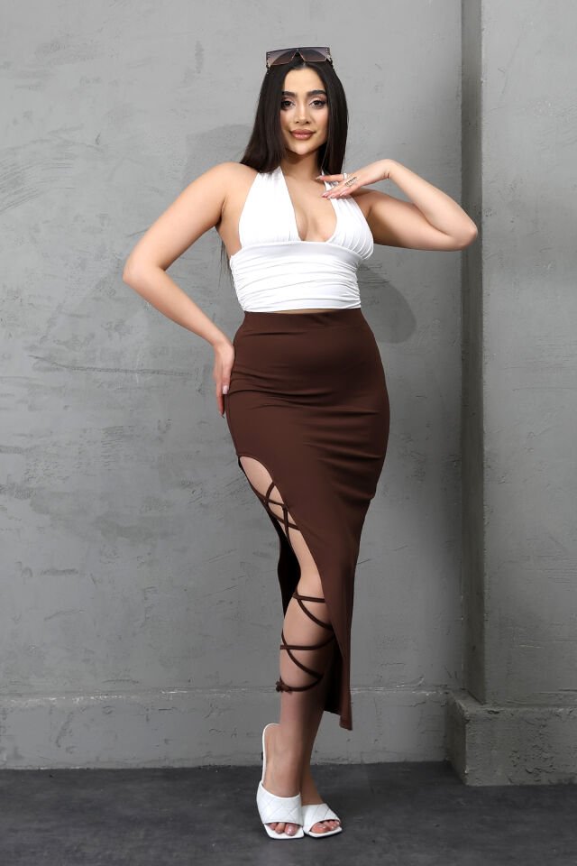 Kadın Uzun Kordon Bağlamalı Yırtmaçlı Likralı Maxi Etek E36 XL - KAHVERENGİ