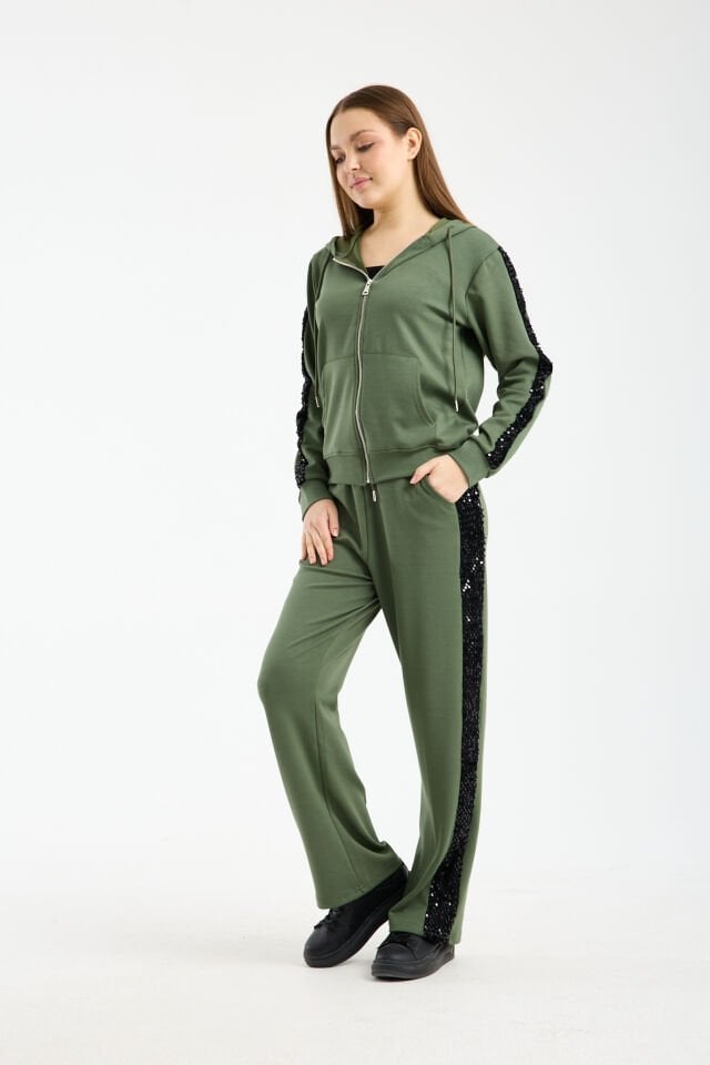 Kadın Günlük Payetli Modal Kumaş Takım 6228 M - HAKİ