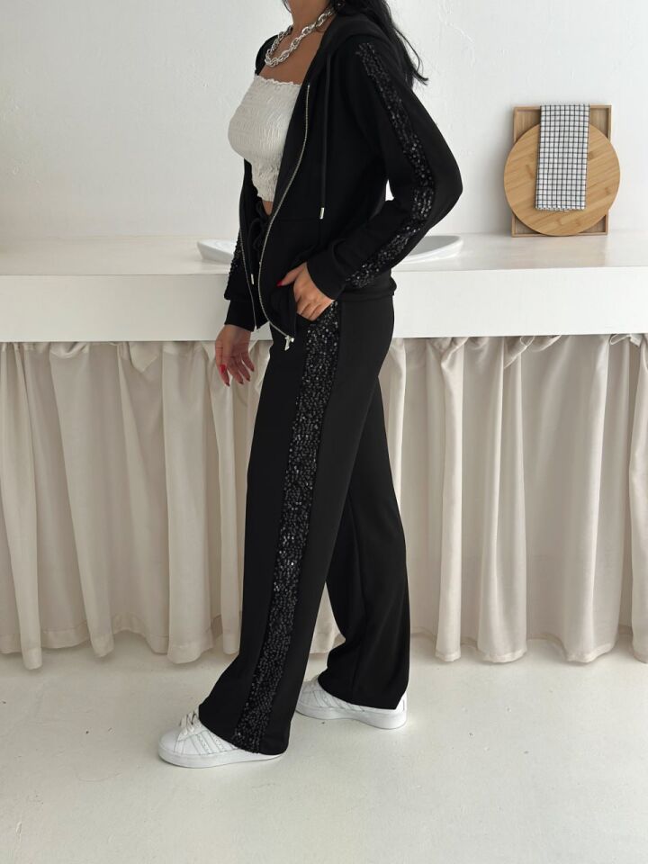 Kadın Günlük Payetli Modal Kumaş Takım 6228 S - SİYAH