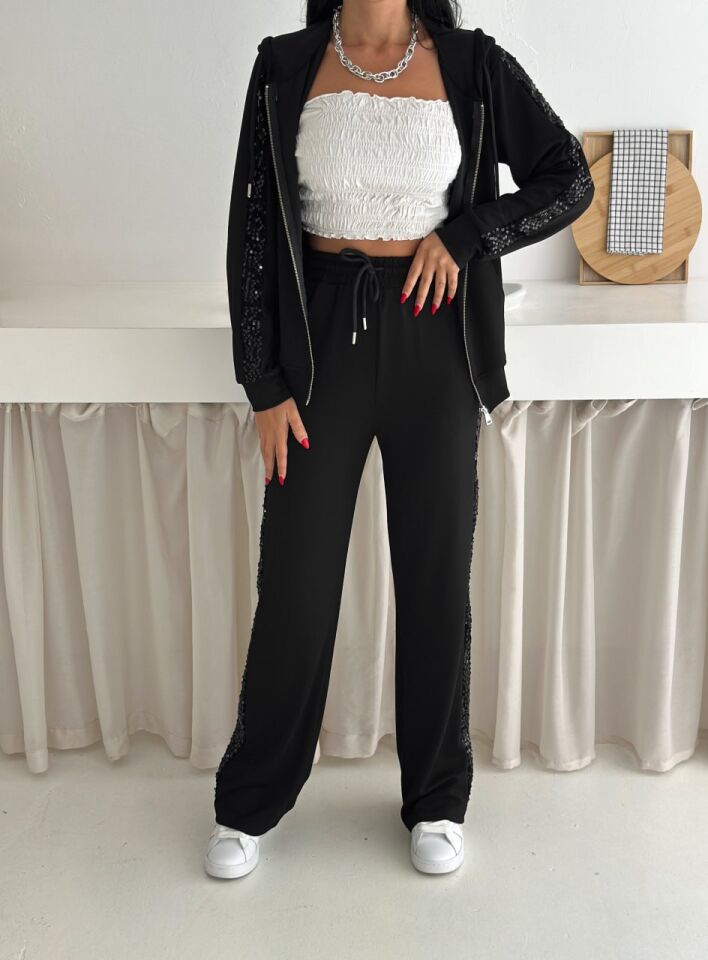 Kadın Günlük Payetli Modal Kumaş Takım 6228 S - SİYAH