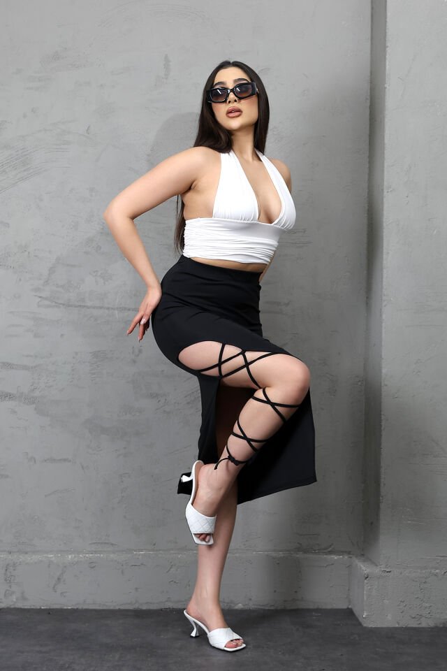 Kadın Uzun Kordon Bağlamalı Yırtmaçlı Likralı Maxi Etek E36 L - SİYAH