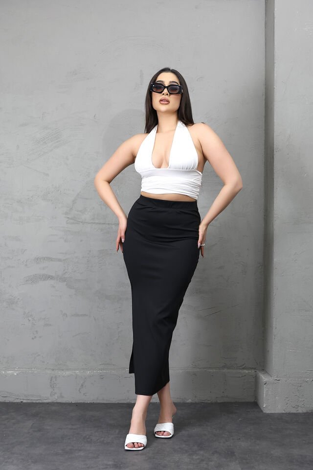 Kadın Uzun Kordon Bağlamalı Yırtmaçlı Likralı Maxi Etek E36 L - SİYAH