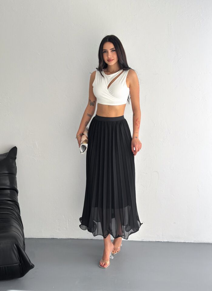 Kadın 88cm Ucu Dalgalı Piliseli Astarlı Tam Boy Tül Etek M - SİYAH