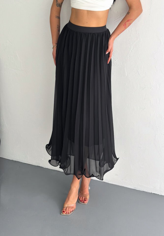 Kadın 88cm Ucu Dalgalı Piliseli Astarlı Tam Boy Tül Etek M - SİYAH