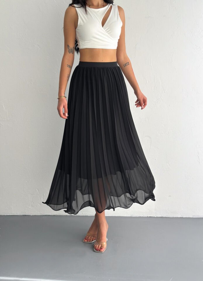 Kadın 88cm Ucu Dalgalı Piliseli Astarlı Tam Boy Tül Etek M - SİYAH