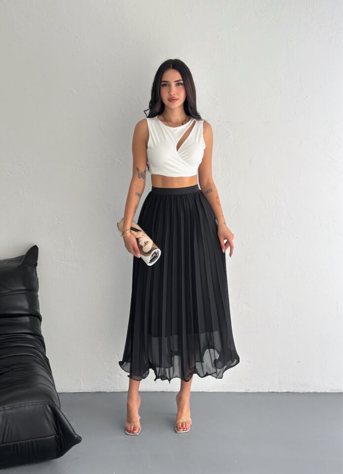 Kadın 88cm Ucu Dalgalı Piliseli Astarlı Tam Boy Tül Etek M - SİYAH