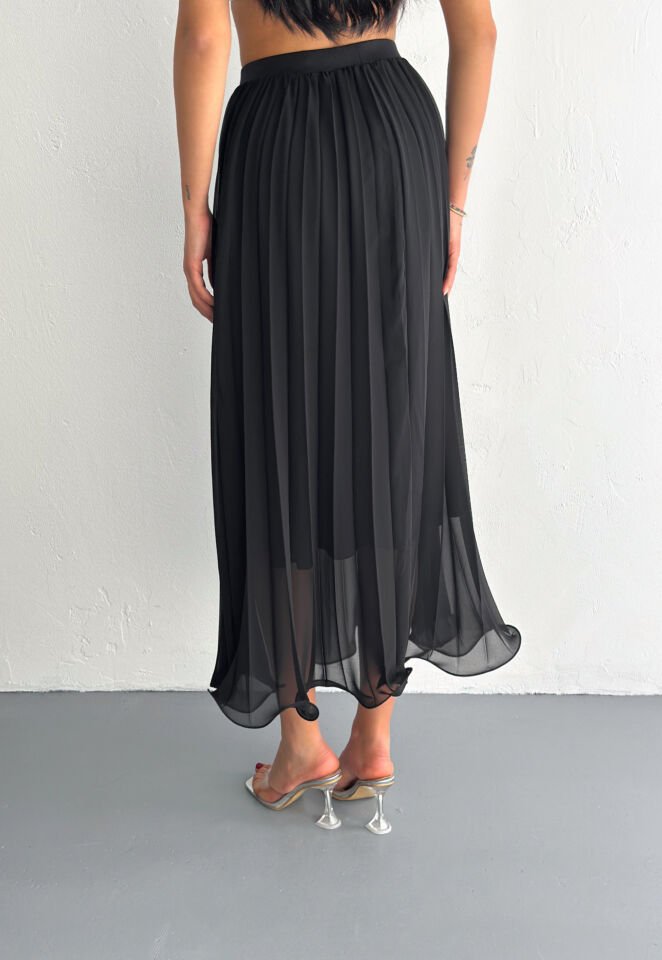 Kadın 88cm Ucu Dalgalı Piliseli Astarlı Tam Boy Tül Etek L - SİYAH