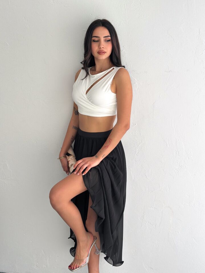 Kadın 88cm Ucu Dalgalı Piliseli Astarlı Tam Boy Tül Etek L - SİYAH