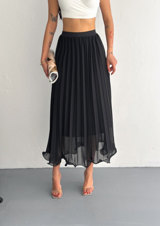 Kadın 88cm Ucu Dalgalı Piliseli Astarlı Tam Boy Tül Etek L - SİYAH