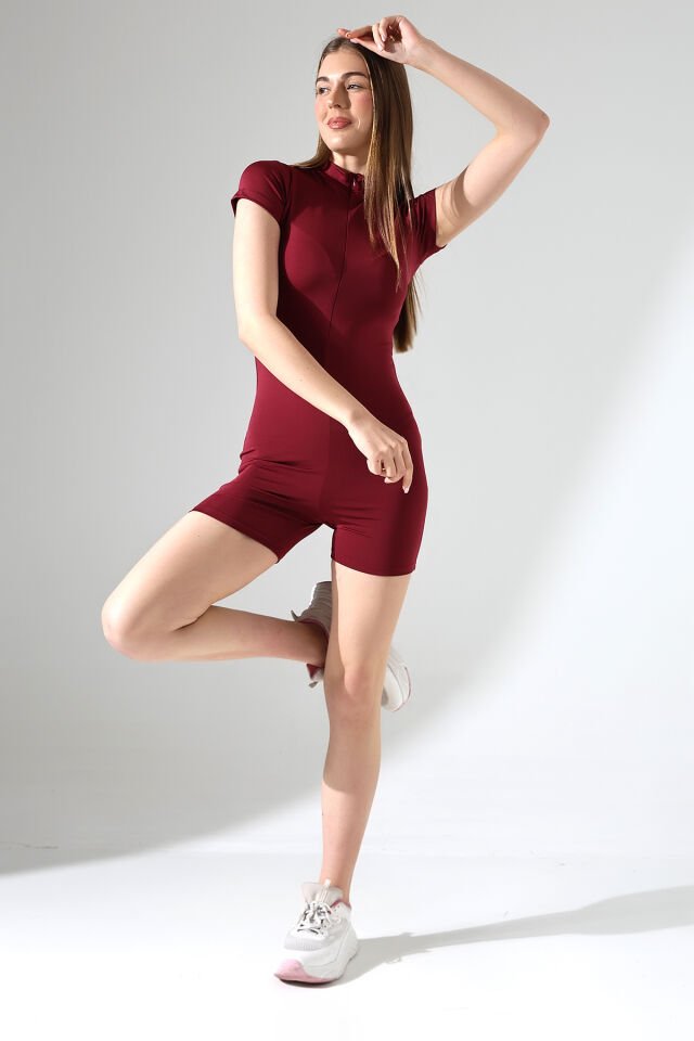 Kadın Mini Fermuarlı Şort Tulum 2XL - BORDO