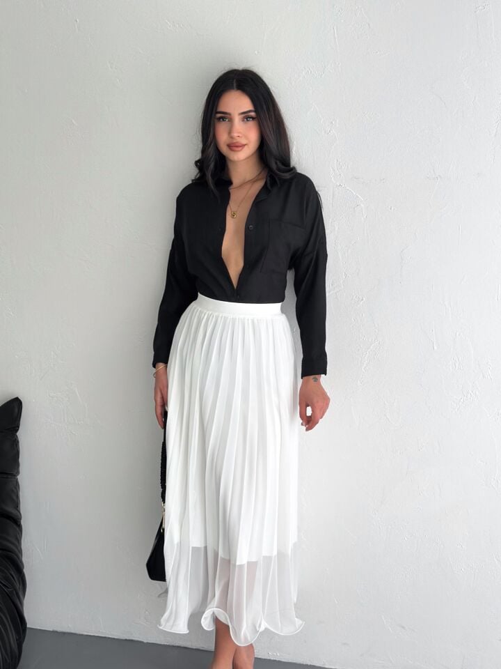 Pliseli Tül Etek 88 cm Tam Boy Astarlı, Dalgalı Etek Ucu Dalgalı S - BEYAZ