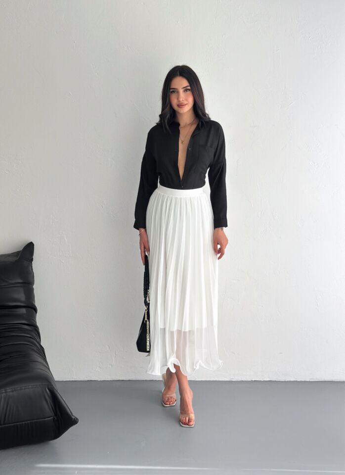 Kadın 88cm Ucu Dalgalı Piliseli Astarlı Tam Boy Tül Etek M - BEYAZ