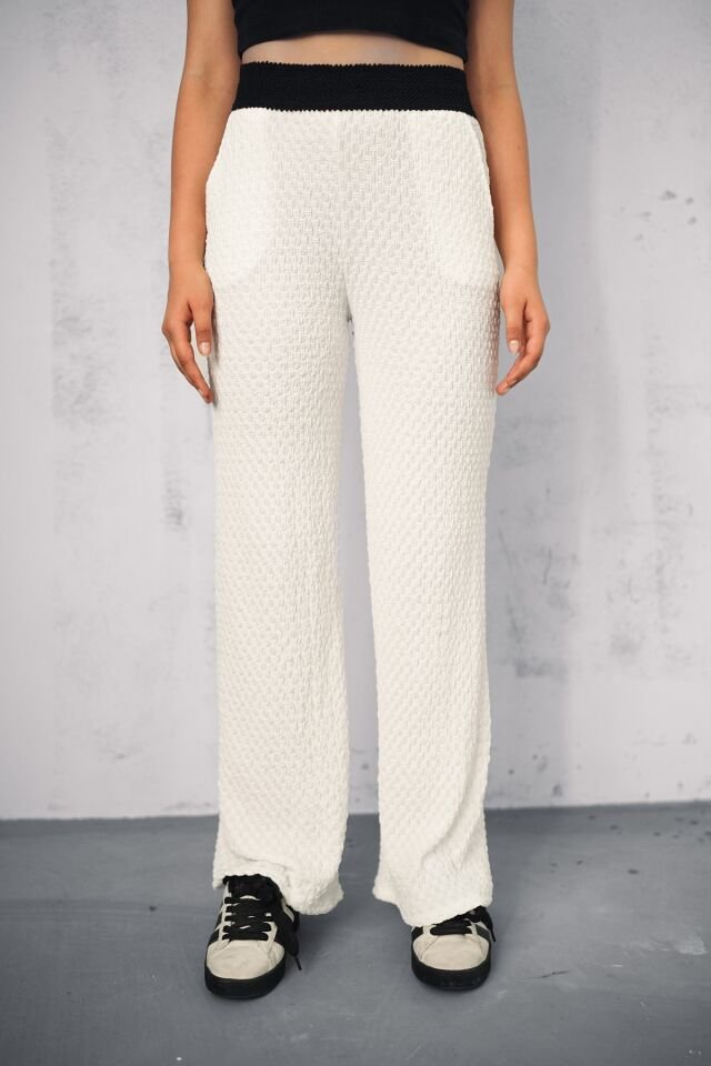 GOFRE TEK ALT PANTOLON - YAZLIK BEL GARNİLİ GOFRE PANTOLON XL - BEYAZ